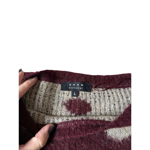 Koan Knitwear Pullover Sweater Large L Mohair Wool Blend Burgundy Red Cream Dot - Picture 4 of 8